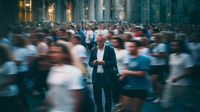 Businessman walks through blurred crowd of commuters in city street using smartphone symbolizing digital focus communication and social media in fast paced urban life