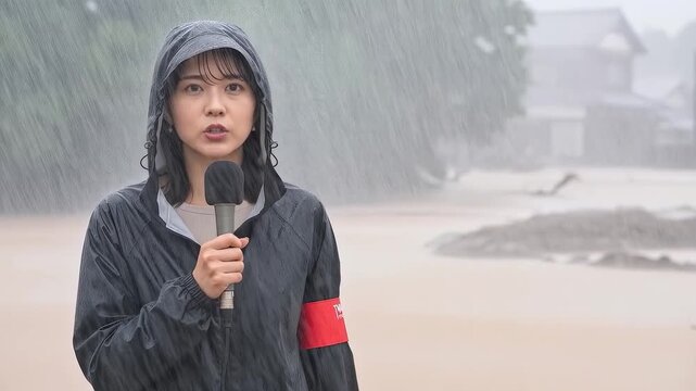 台風接近で水没した山村を取材する報道アナウンサー