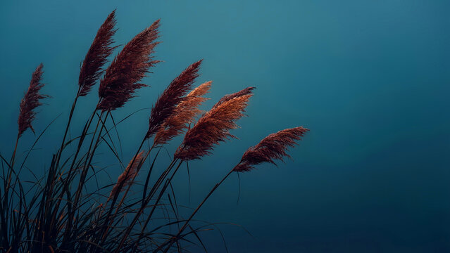 Tall, feathery pampas grass plumes show rich bronze and orange tones swaying gently against a deep, minimalist teal background in nature.