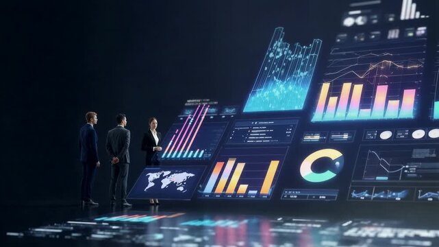 Business team stands before giant digital screens filled with colorful charts and graphs illustrating data analytics presentation corporate strategy and futuristic financial technology