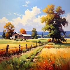 Impressionistic Autumn Farm Landscape with Golden Fields
