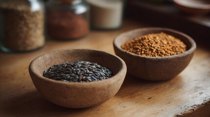 Two rustic bowls of different seeds on a wooden surface with blurred jars in the background