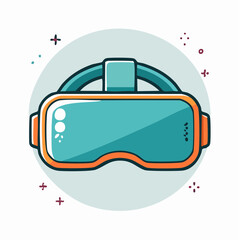 Illustration of a teal and orange VR headset with a light blue circular background and purple plus and star shapes.