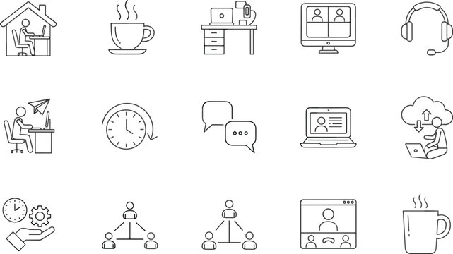 Remote work icons, virtual communication, video conference, home office, productivity tools, cloud computing, teamwork, online meetings, headset, laptop, coffee break, time management, chat bubbles, 