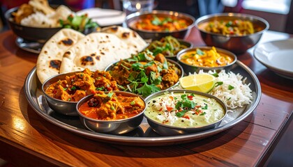 Indian Food Thali with Naan and Rice