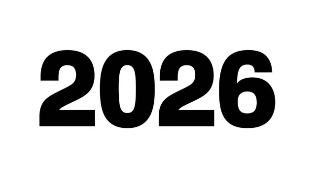 Futuristic illustration of the year 2026 in bold black font on a white background