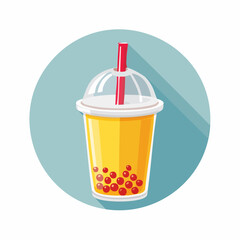 Illustration of a yellow bubble tea drink with red tapioca pearls and a red straw on a blue background.