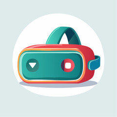 Cartoon illustration of a red and teal virtual reality headset with a white circle background.