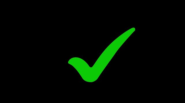 Green Tick mark icon animation on isolated black background. Check mark icon animation. right check mark icon transparent background. Motion graphics of tick mark concept.