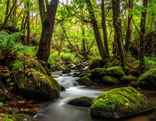 Fototapeta premium Mossy Forest Stream with Smooth Water Flow