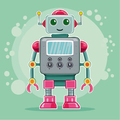 Cartoon robot with a square body and pink accents on a green background.