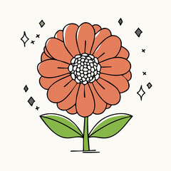 Illustration of a vibrant orange flower with green leaves and sparkling accents on a white background.