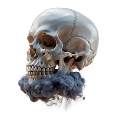 Obraz premium Human skull with smoke emerging from its mouth against a white background highlighting the eerie and mysterious atmosphere of the image in a captivating visual representation.