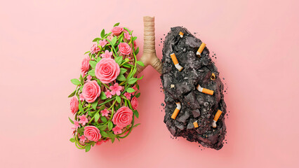 Human lungs conceptual representation contrasting healthy and damaged lungs with flowers and cigarette butts on a pink background