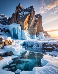 Majestic Ice Formations on Frozen Lake with Rocky Mountains