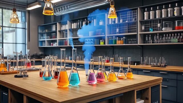 Laboratory setting with rows of colorful chemical solutions in glass beakers and flasks arranged on a wooden workbench under warm overhead lighting. Blue smoke rises from a central flask creating 
