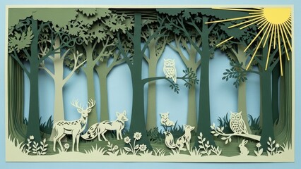 Whimsical Paper Cut Forest Scene with Deer, Fox, and Owl