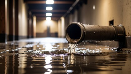 Water leaks from pipe in flooded corridor with reflective floor