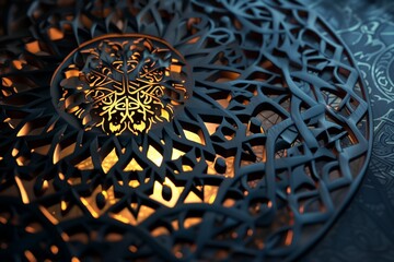 Intricate metal lantern with golden light on dark background, showcasing ornate cutout design