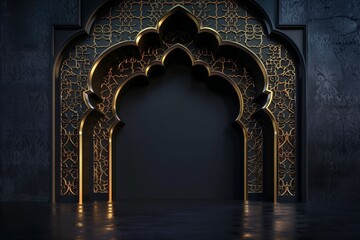 Golden mosque archway glowing in dark islamic architecture background