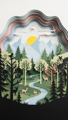Colorful Layered Paper Cut Landscape with Mountains and Forest