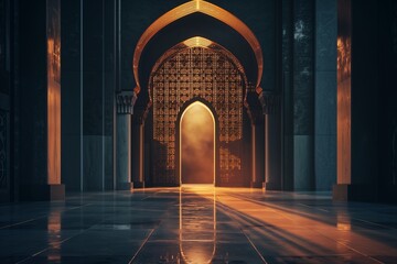 Warm golden light spills through an ornate arched doorway in a dark mosque interior