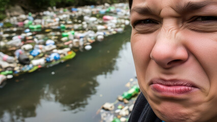 Woman Expressing Disgust at Plastic Pollution in a River