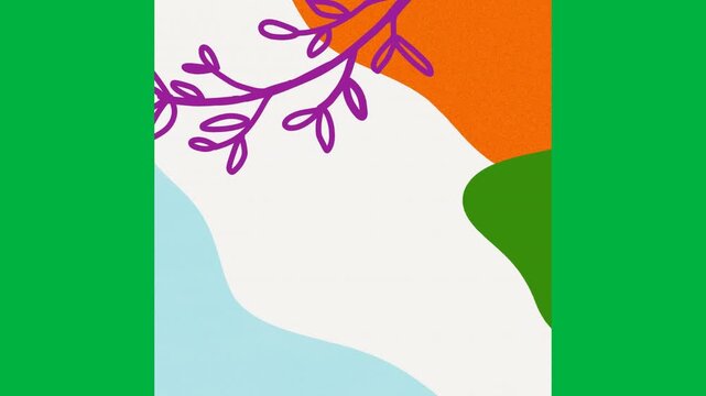 Animation of leaves with blocks of green, orange and blue colour and copy space on white background