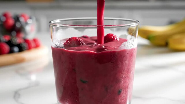 Berry smoothie pouring into glass with fresh fruit backdrop