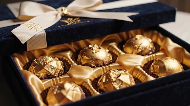 Box of golden chocolate candies with decorative ribbon bow presentation