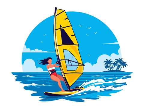 A dynamic vector illustration depicts a woman steering a bright yellow windsurfing sail across splashing blue waves, framed by tropical palms and a sunny circular sky