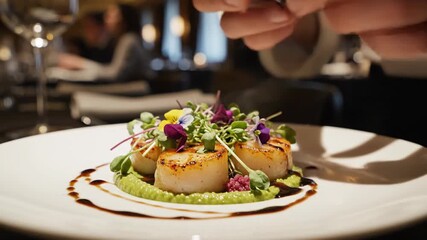Chef plating gourmet food in restaurant kitchen close up shot