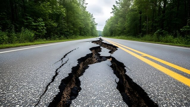 Asphalt road split by a deep earthquake crack with yellow double lines and green forest background cracked