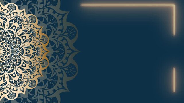 Elegant Mandala Design with Golden Neon Frame on Dark Teal Background.