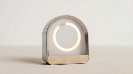 Modern Minimalist Arch Table Lamp with Glowing Circular LED Light and Natural Wooden Base