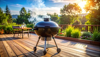 Grilling Food on Deck with Sunny Backyard Background