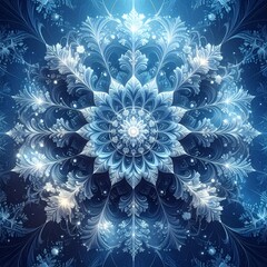 Intricate Ice Snowflake Mandala Abstract Blue Background