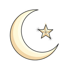 Crescent moon and star in night sky with sparkles