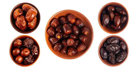 Bowls of dates on white background isolated on a transparent background dried fruit brown terracotta