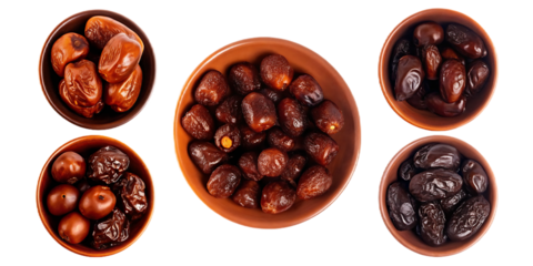 Bowls of dates on white background isolated on a transparent background dried fruit brown terracotta