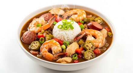 Steaming seafood gumbo with rice isolated on white background