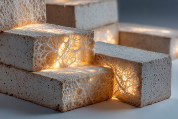 Stack of sustainable mycelium construction bricks with glowing internal hyphae network structure