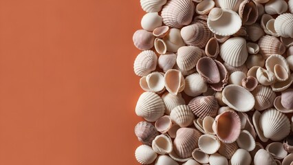 A collection of seashells on a vibrant orange background