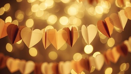 Golden heart shaped paper garland with bokeh lights