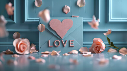 Festive light blue background with word Love and pink heart. Mockup for designs Happy Valentine's Day greeting cards. Copy space.