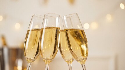 Close-Up of Four Champagne Glasses Clinking in a Toast - Celebration with Sparkling Wine and Golden Bokeh Lights in the Background