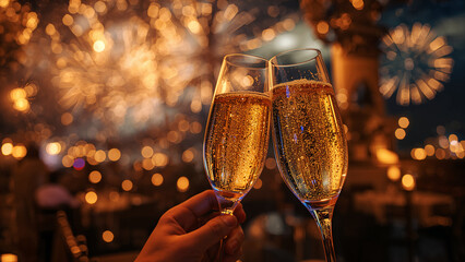 Cheers to the Celebration: Two glasses of sparkling champagne clink together, commemorating a special event with a dazzling fireworks display illuminating the night sky.