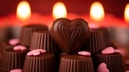 Chocolate hearts with candles on romantic background