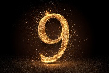 Shimmering Gold Glitter Dust Number Nine Against Dark Background