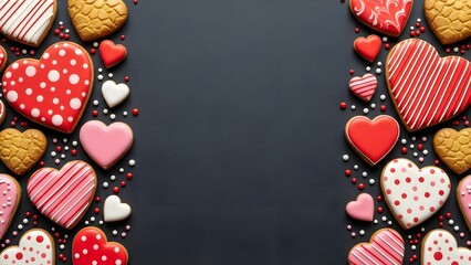 Valentine's day heart shaped cookies border on dark background